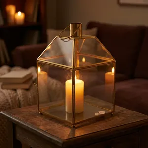 Irregular <b>Brass</b> <b>Lantern</b> with Glass Panels and Candle Holder Handmade Artisan Design for Wedding Table Decoration - Product Image 2