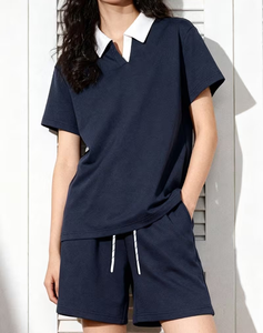 Womens White 2Piece Shorts Set Short Sleeve Polo Collar Loose Fit Casual Solid Color Breathable Oxford Cotton Spring Summer Wea - Product Image 6