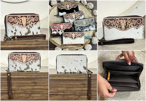 Pochette unique en cuir de vachette véritable, artisanale et haut de gamme, avec motif floral gravé, fermeture éclair, portefeuille élégant pour femmes - Product Image 3