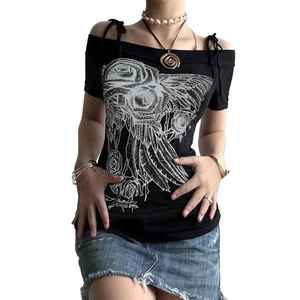 Custom Women Gothic Graphic Print Baby Tee Halter Cut Out Short Sleeve Slim Fit T Shirt Y2K Punk Dark Grunge Streetwear <b>Top</b> - Product Image 3