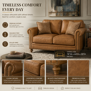 Premium Mid Century Modern Genuine Leather 2 Seater <b>Sofa</b> with Rolled Arms Nailhead Trim Wrinkle-free for Living Rooms Offices - Product Image 3