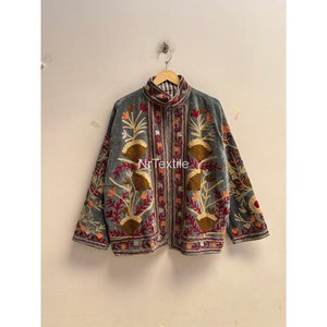 Handmade Embroidered Quilted Velvet Bomber Jacket Women's Winter <b>Coat</b> with Inside Cotton Lining Full Sleeve Two Side Pockets - Product Image 3
