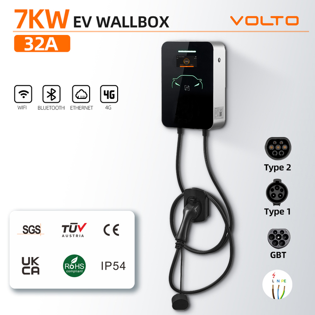 New Smart APP OEM ODM 1Phase 32A 7kW EV Charger Wallbox Fast Charging Station with 5M TPU Cable 4.3" LCD Display