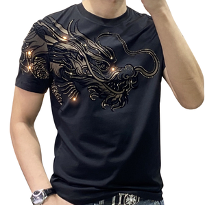 Camiseta de Manga Corta para Hombre, Cuello Redondo, Estilo Urbano, 100% Algodón, Tejido de Punto, Estampado de Letras con Pedrería, Diseño de Dibujos Animados, Impresión DTF, Conjunto de Verano - Product Image 1