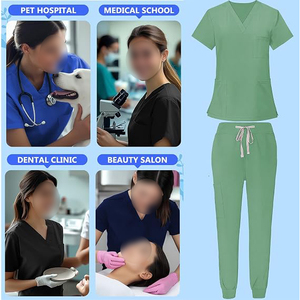 Women's Green Hospital <b>Scrub</b> <b>Set</b> with Pockets Cotton Woven Fabric Pants and Top - Product Image 4