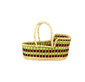 Vintage ethnic <b>green</b> and orange check seagrass changing <b>basket</b> including rattan changing kid <b>basket</b> with woven handles - Product Image 1
