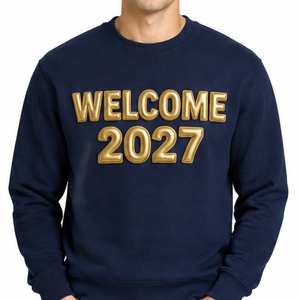 Sudadera Azul Marino Personalizada OEM con Estampado 3D en Relieve y Texto Dorado 'Bienvenida 2027', Cuello Redondo Informal para Hombre - Product Image 2