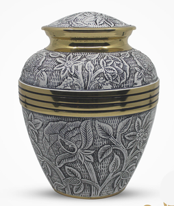 Belle urne funéraire en laiton gris entièrement gravée, style américain/européen, pour adultes, pour le stockage des cendres après crémation - Product Image 1