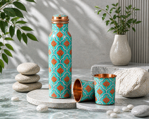 Meena Inspired Copper Double Wall Large Capacity Bottle Set with Tumblers for Home Use Ayurvedic <b>Drinkware</b> Gift Export - Product Image 1