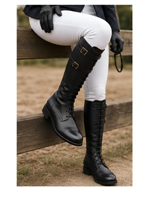 Bottes d'équitation hautes en cuir véritable pour homme avec fermeture à boucle, couleur unie, bottes équestres mi-hautes pour l'entraînement et la compétition - Product Image 5