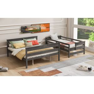 Cama litera doble XL gris sobre cama queen con escalera, muebles de madera para niños - Product Image 5