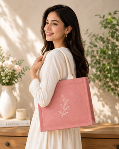 Pink Jute Tote <b>Bag</b> With <b>White</b> Leaf Embroidery Shoulder Length Handle Large Size Daily Use - Product Image 1