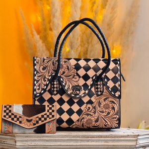 New Hand Tooling Solid Color Genuine Leather Tote Purse Bags with Zipper Closure and Embroidery for Women & Girls Beach Use - Product Image 4