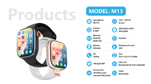 นาฬิกาสมาร์ทวอทช์ M13 ใส่ซิมการ์ดได้ รองรับ 5G 4G หน้าจอ TFT กันน้ำ IP67 ดีไซน์บางเฉียบ สำหรับธุรกิจและกีฬา ระบบ Android หน้าจอแม่เหล็กขนาด 2.02 นิ้ว สำหรับทุกเพศ - Product Image 3