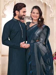 Ensemble de tenues élégantes assorties pour couple avec kurta en lin et pyjama pour homme et sari de créateur pour femme - Product Image 4