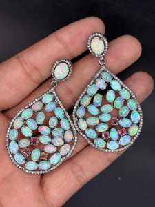 Natural Ethiopian <b>Opal</b> Ruby Diamond <b>Earring</b> Pave Diamond <b>Earrings</b> 925 Sterling Silver Handmade Oxidized Dongle Diamond <b>Earring</b> - Product Image 1