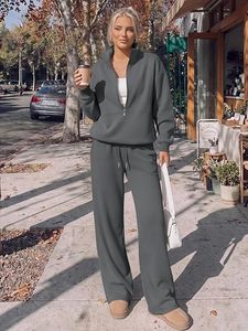 Ensemble de détente 2 pièces en polaire pour femme, gris uni, avec fermeture éclair et cordon de serrage, décontracté, toutes saisons, manches longues, coupe ample, sweat-shirt et pantalon - Product Image 1