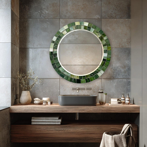 Miroir mural rond de luxe en mosaïque verte avec cadre géométrique vert forêt émeraude, miroir décoratif moderne pour le salon - Product Image 4