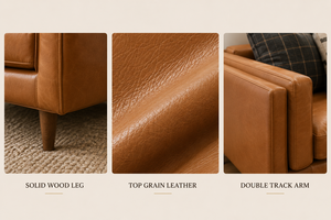 Canapé carré en cuir véritable, style mid-century modern, deux places, dossier rembourré, accoudoirs rembourrés, pieds en bois, salon, Chesterfield - Product Image 4
