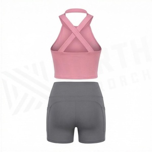North Approach 2 Piece Yoga Set Pink Crop <b>Top</b> Gray Shorts High Waist Seamless <b>Sweat</b> Wicking Breathable Sportswear - Product Image 2