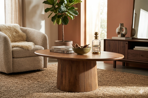 Mesa de Centro con Tapa Ovalada de Madera, Color Marrón Claro, Material de Madera de Mango y Nogal, Muebles para Sala de Estar, Precio al por Mayor - Product Image 1