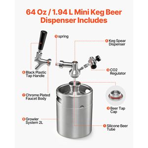 Sistema de dispensación de cerveza presurizado tipo growler de 64 oz, kit de cerveza de acero inoxidable 304 con regulador de CO2 y grifo de cierre automático - Product Image 3