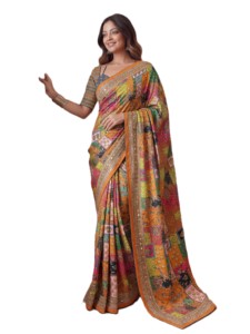 Sari Tradicional Indio con Estampado Digital Ajrak y Blusa con Espejos, para Mujer, Ideal para Bodas y Fiestas, Largo hasta el Suelo, Corte Regular, Elegante - Product Image 2