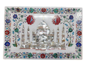 Plateau de service / plateau décoratif en agate, incrustation Taj Mahal, sculpté et gravé, traditionnel, antique, souvenir, fournisseur indien, fait main - Product Image 4
