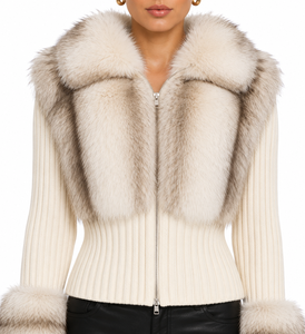 Cardigan de luxe pour femme en maille côtelée ivoire avec bordure en fausse fourrure – Veste d'hiver élégante à fermeture éclair – Manteau en maille haut de gamme - Product Image 4