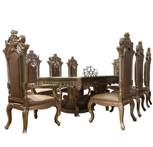 Elegant 8-seater European dining <b>table</b> with rich <b>brown</b> polished finish, ornate patterned upholstered chairs, at wholesales. - Product Image 2
