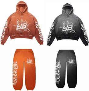 Ensemble 2 pièces unisexe tendance : pantalon de survêtement évasé et sweat à capuche, effet délavé, en coton, coupe ample, pour homme - Product Image 1