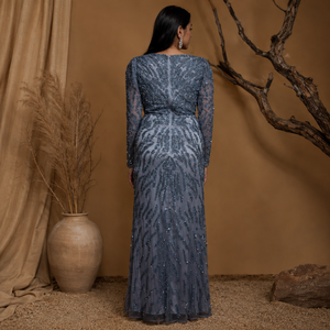 Luxury Grey Beaded Mermaid Evening Gown for Women Deep V Neck Long Sleeve Formal Wedding Reception Prom Party Maxi Dress - Product Image 4