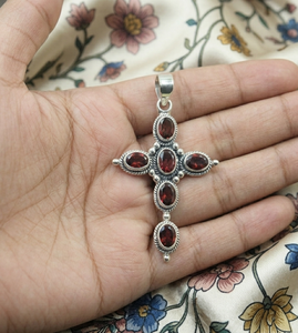 Collier pendentif croix en argent sterling 925 pur avec grenat rouge, plaqué or jaune et or rose, bijoux religieux vintage pour femmes, cadeau - Product Image 6