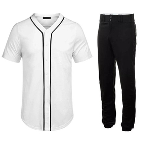 Men Baseball Jersey Set <b>White</b> Short Sleeve <b>Button</b> Front Black Pants Moisture Wicking All Seasons Adult Regular Fit - Product Image 1