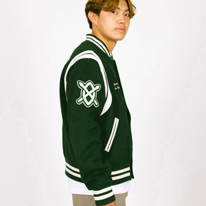 SINEWY SPORTS Men's Varsity Jacket Green 100% Cotton Wool Blend Embroidered Tiger Patch <b>Covered</b> <b>Button</b> Front Preppy Style Winter - Product Image 4