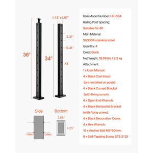 Set di 4 Pali per Ringhiera in Acciaio Inox 36x1x2 con Fori Orizzontali Pre-Forati per Componenti Scale - Product Image 6