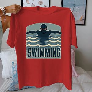 Camiseta Informal de Mujer, 100% Algodón, Tejida, con Estampado de Olas y Silueta de Nadador, Corte Cómodo - Product Image 2