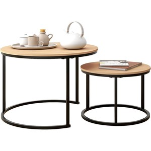 Modern Round <b>Nesting</b> <b>Coffee</b> <b>Table</b> <b>Set</b> of 2 with Wood Top and Metal Frame for Living Room Home Apartment Interior Decor - Product Image 1