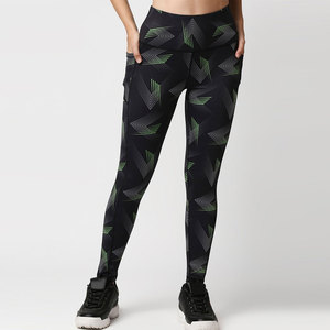 High Waist <b>Black</b> Green Geometric Print Full Length <b>Leggings</b> Knitted Stretch Breathable Sporty Women's Workout Wear - Product Image 1