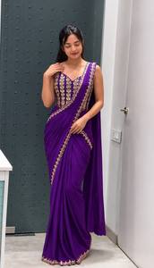 Sari en soie crêpe épaisse violette brodé, ensemble indien pakistanais, robe de soirée de mariage traditionnelle, longueur ras du sol, séchage rapide pour femme - Product Image 4
