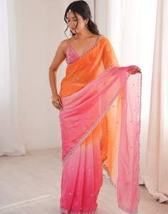 Sari de Diseño KV Satin Orange con Adornos y Blusa sin Coser - Product Image 4