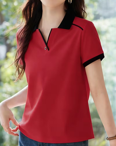 Women's Navy Blue Short Sleeve Breathable Quick Dry for Shirt with White Trim Casual Knitted Polyester/Cotton Top - Product Image 5