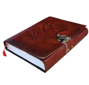 Red <b>Leather</b> Hardcover Diary With Embossed Rose Design And Metal Clasp - Product Image 3