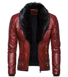 Veste de moto en cuir PU rouge pour homme avec col en fourrure, fermeture éclair, style motard, coupe ajustée, épaisse et chaude pour l'hiver - Product Image 1