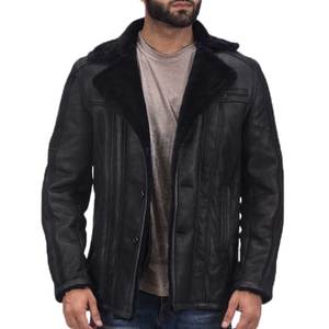 Men's <b>Black</b> Genuine Sheephide Leather Jacket Stand <b>Fur</b> <b>Collar</b> Single Breasted Windproof Thick Down <b>Coat</b> - Product Image 4