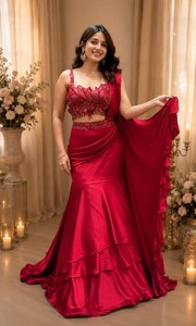 Ensemble de sari sirène élégant en satin et dentelle rouge, deux pièces avec dupatta, pour femme, toutes saisons, tenue ethnique, mariage, fête, séchage rapide - Product Image 5