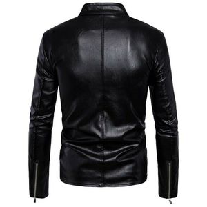 Men's Motorcycle Style <b>Leather</b> <b>Jacket</b> Fall Winter <b>Long</b> Windbreaker Outwear Button - Product Image 3