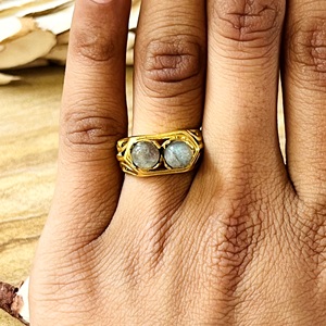 Anillo de Oro con Ágata Musgosa de Diseño Único Silver Eye, Joyería Boho de Latón para Mujer, Chapado en Oro de 18k, Vintage, con Dos Piedras, de Tercera Marca - Product Image 6