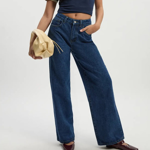 Jean large taille haute pour femme grande taille, bleu foncé, en coton, coupe ample, longueur complète, style décontracté, fermeture boutonnée, pantalon en denim pour le printemps - Product Image 1