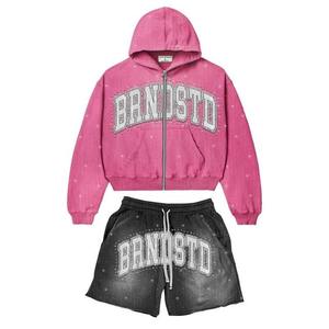 Sudadera con capucha y pantalones cortos con estampado personalizado Sun Fade, estilo moderno con cremallera para uso casual o deportivo, 100% algodón polar, unisex. - Product Image 2